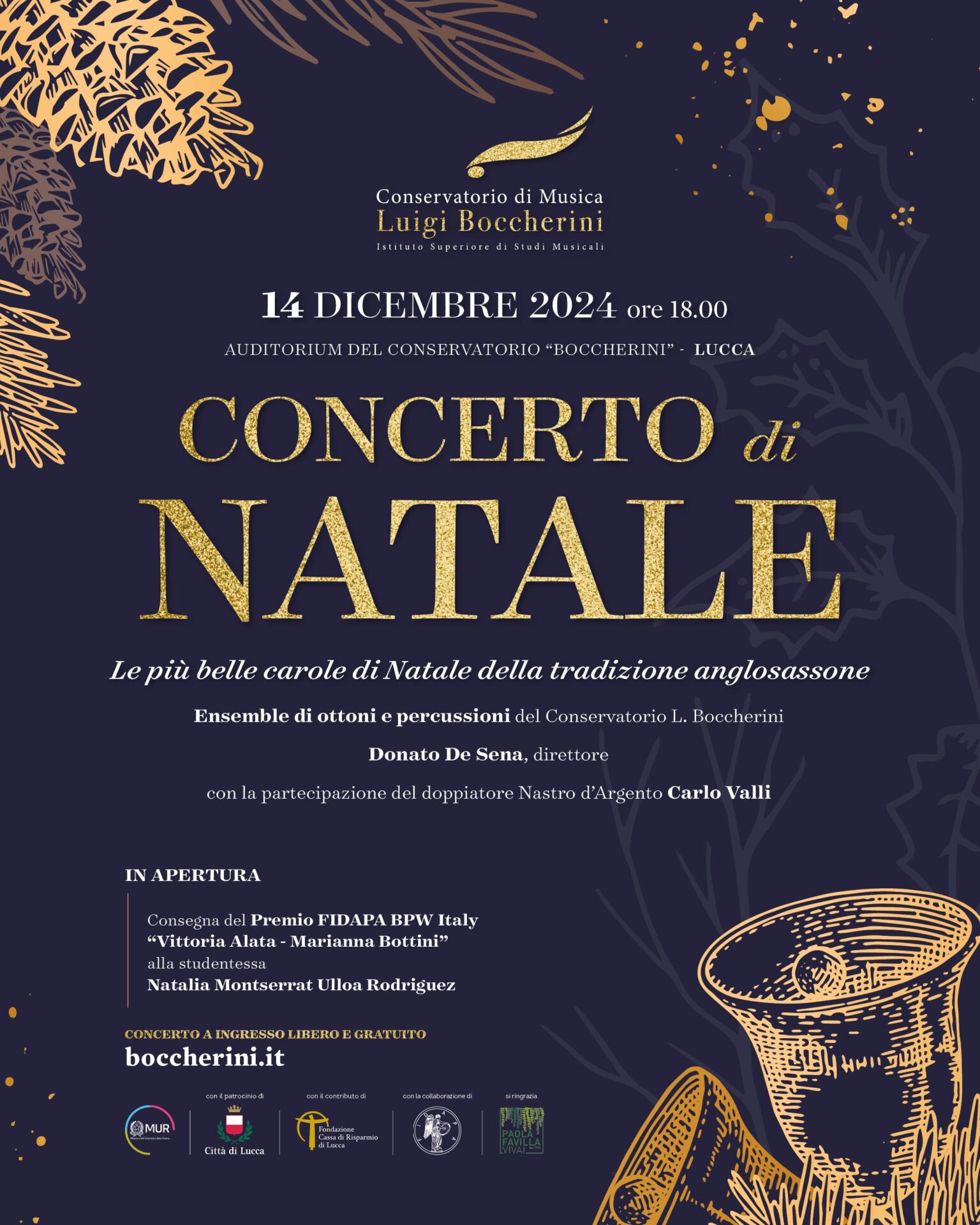 Il Concerto di Natale del Conservatorio “Boccherini” con ottoni e percussioni. In apertura, la consegna della borsa di studio della FIDAPA